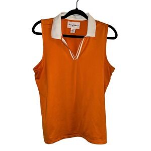 Tommy Bahama Golf Womens Large Orange Sleeveless V-Neck Polo Shirt Performance